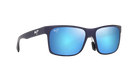 Sunglasses with blue reflective lenses on a white background