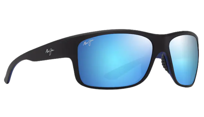 Black Maui Jim sunglasses with blue reflective polarized lenses on a white background