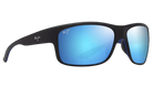 Black Maui Jim sunglasses with blue reflective polarized lenses on a white background