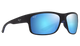 Black Maui Jim sunglasses with blue reflective polarized lenses on a white background