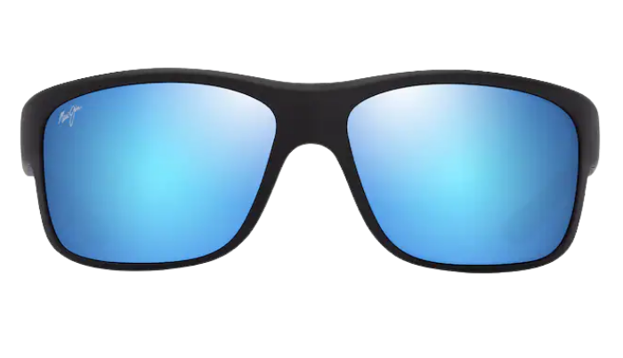 Black Maui Jim sunglasses with blue reflective polarized lenses on a white background