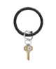 Black leather keychain with a gold key on a white background