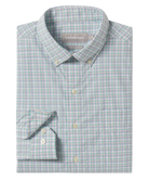 Green checkered dress shirt with a collar tag on a white background