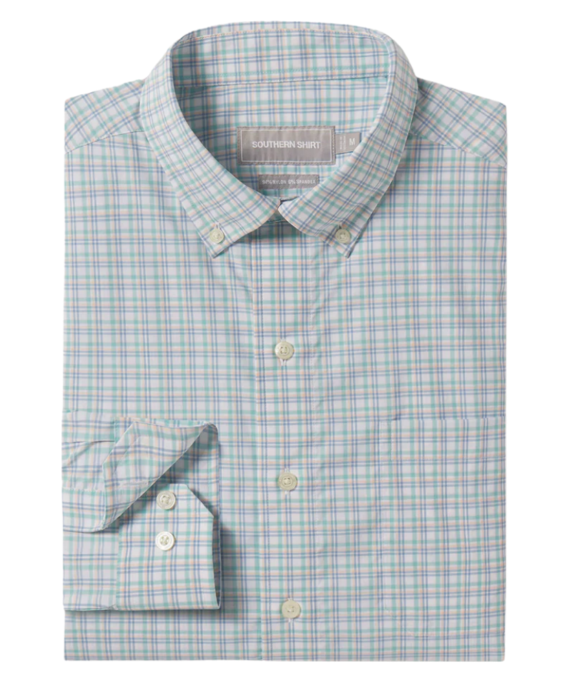 Green checkered dress shirt with a collar tag on a white background