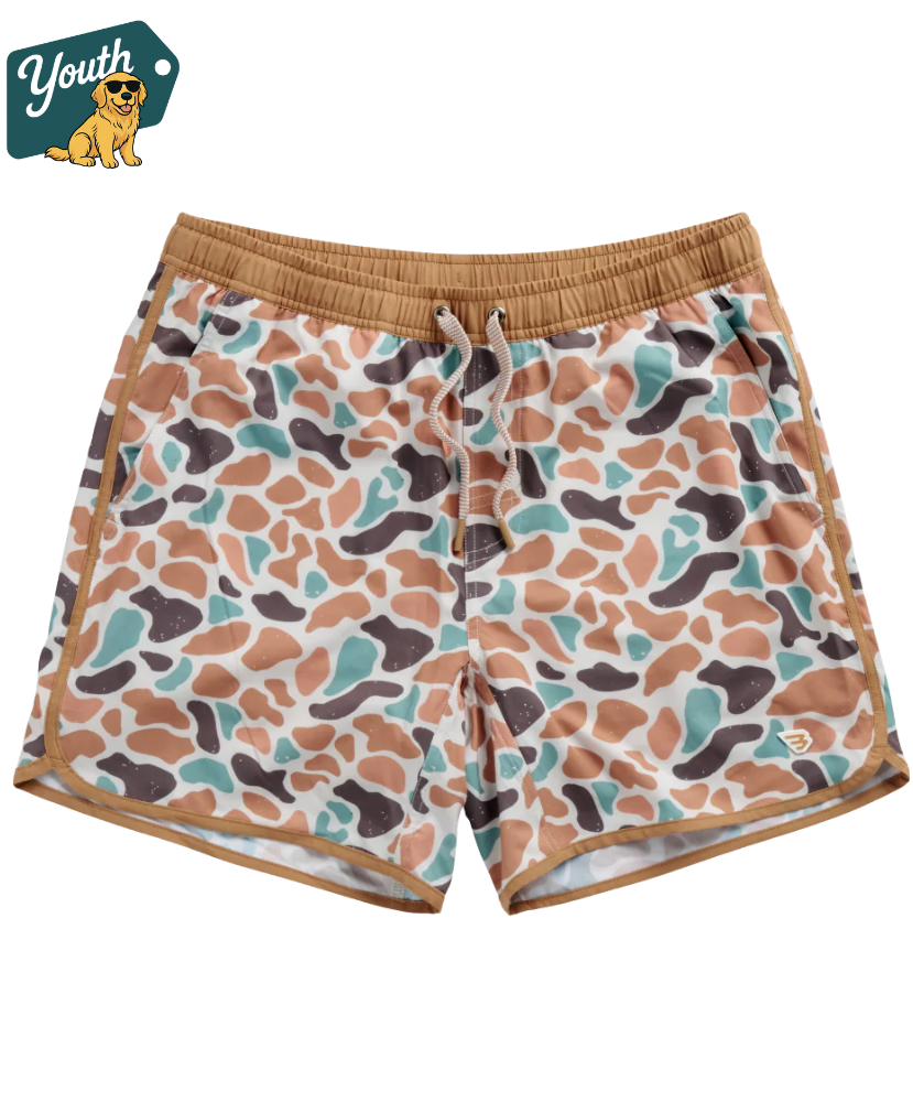 Youth camo patterned swim trunks from Burlebo