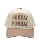 Beige and brown cap with 'SUNDAY FUNDAY' text on a white background