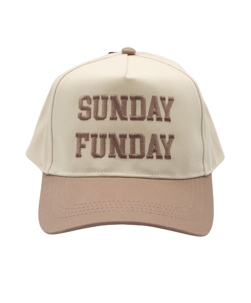 Beige and brown cap with 'SUNDAY FUNDAY' text on a white background