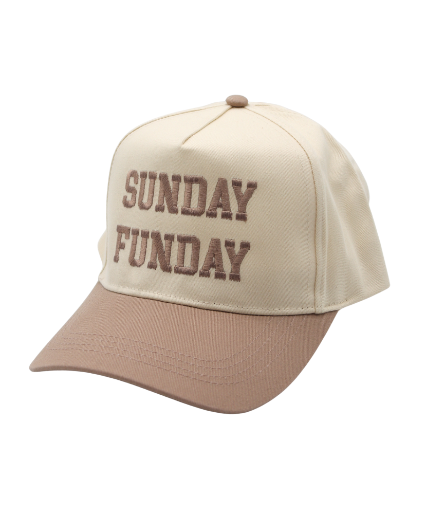 Beige cap with 'SUNDAY FUNDA' text on a white background
