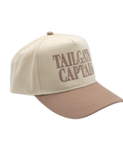 Beige and brown cap with 'Tailgate Captain' text on a white background