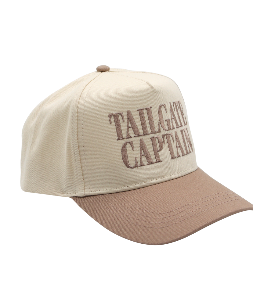 Beige and brown cap with 'Tailgate Captain' text on a white background