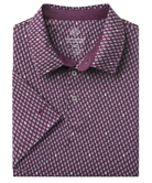 A folded short-sleeve dress shirt by Brooks Brothers, featuring a textured geometric pattern in purple and white.