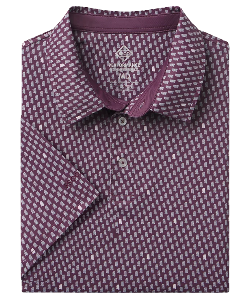 A folded short-sleeve dress shirt by Brooks Brothers, featuring a textured geometric pattern in purple and white.