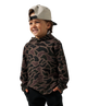 A young boy wearing a brown and black camouflage patterned hoodie, black pants, and a light beige baseball cap, shown against a plain white background.