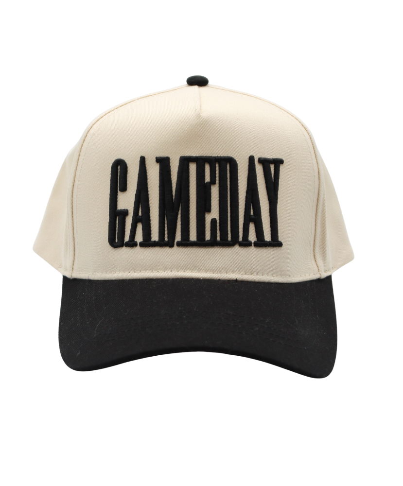 Beige and black cap with 'GAMEDAY' text on a white background