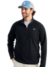 Man wearing a black quarter-zip pullover with a HUK ogo on a white background