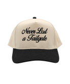 Beige and black cap with 'Never Last a Tailgate' text on a white background