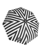 Black and white striped umbrella with 'LULU MAC' branding on a white background
