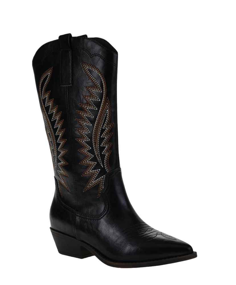Black cowboy boot with intricate brown stitching on a white background