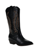 Black cowboy boot with intricate brown stitching on a white background