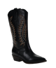 Black cowboy boot with intricate brown stitching on a white background