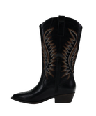 Black cowboy boot with intricate brown embroidery on a white background