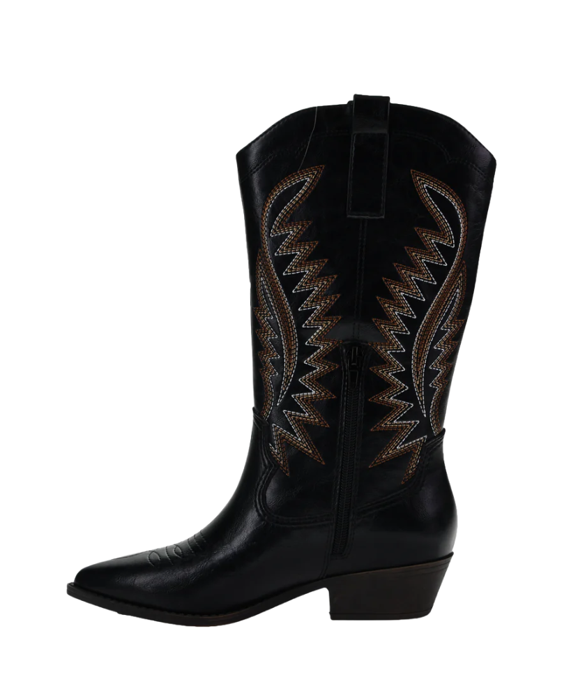 Black cowboy boot with intricate brown embroidery on a white background
