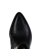 Close-up of a black leather boot with a pointed toe on a white background