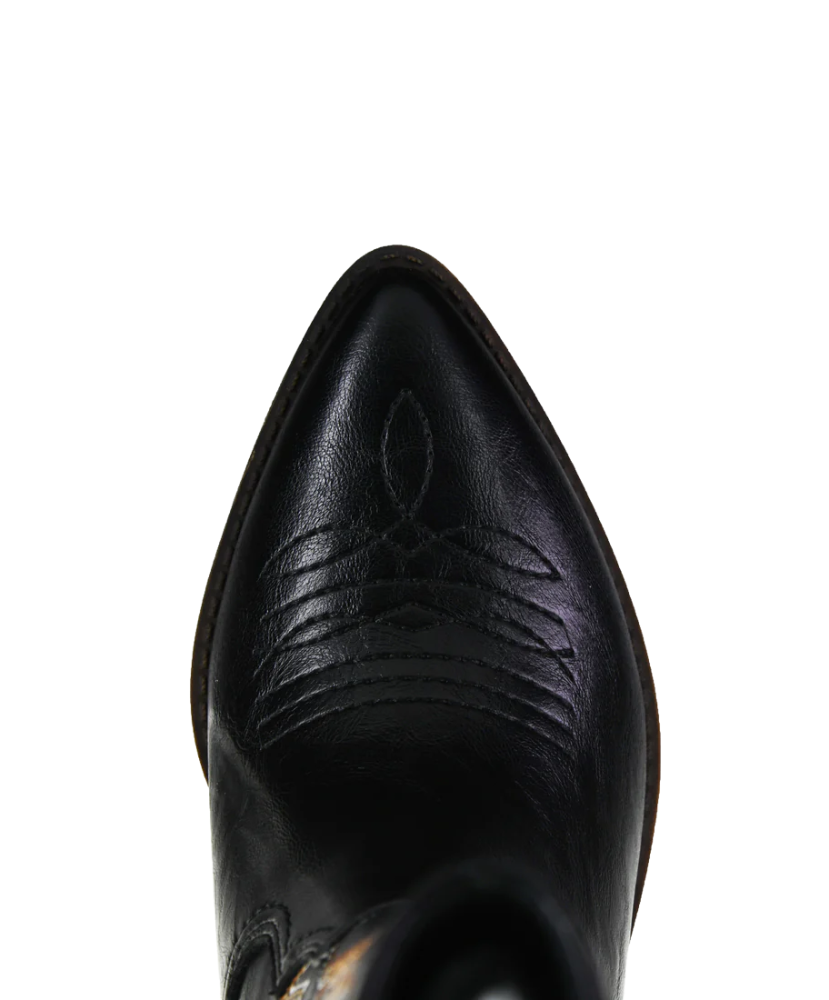 Close-up of a black leather boot with a pointed toe on a white background