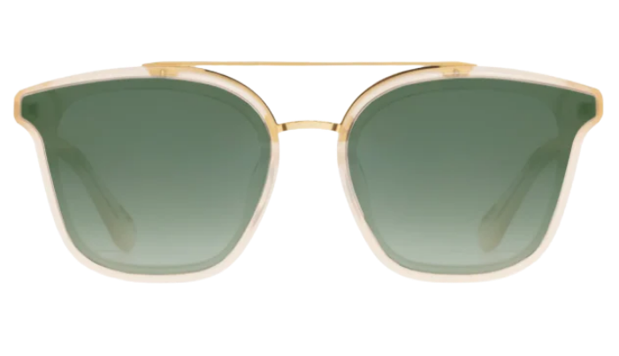 Gold-framed Krewe sunglasses with green gradient lenses on a white background
