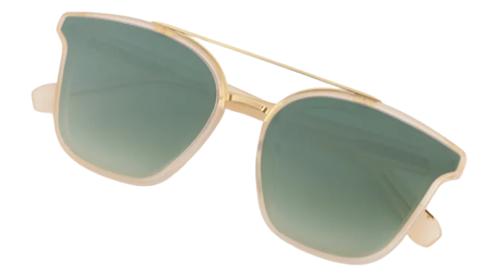Gold-framed Krewe sunglasses with green gradient lenses on a white background
