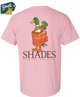 Pink t-shirt with a duck graphic and 'Shades' branding on a white background