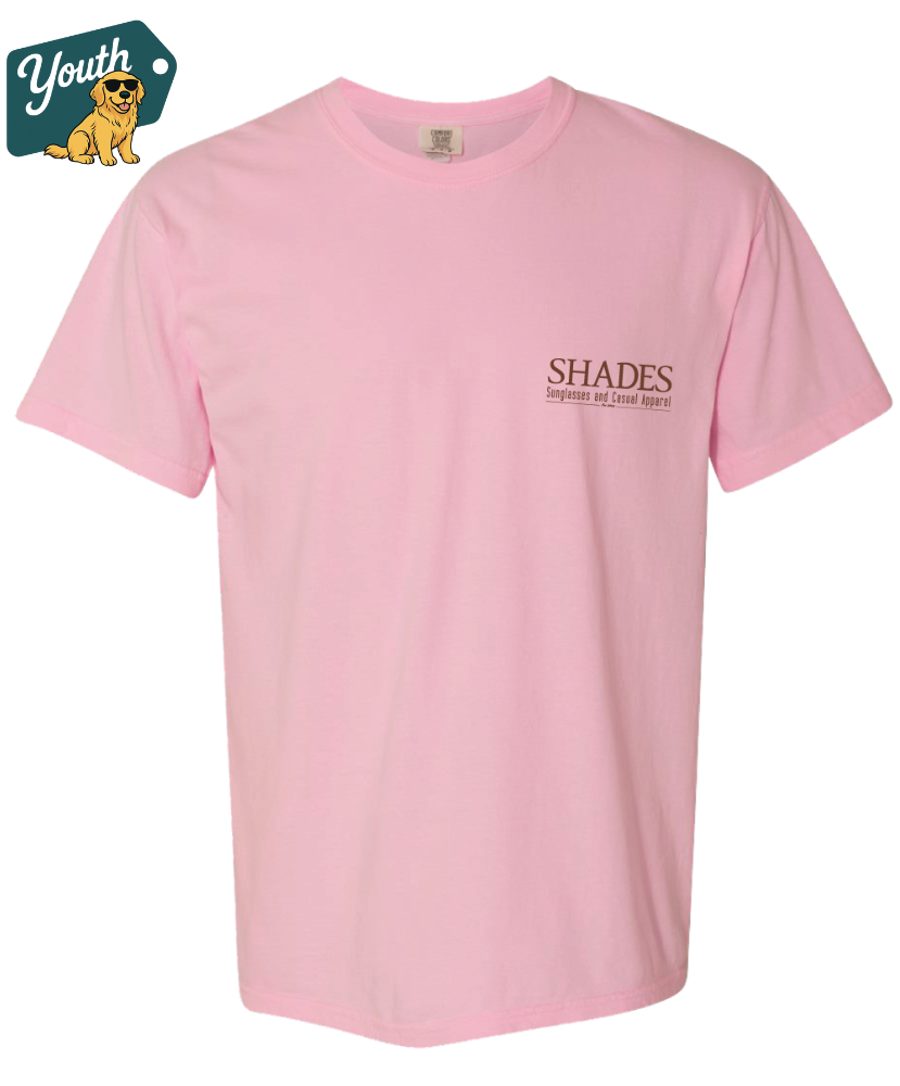 Pink t-shirt with 'SHADES' logo on a white background