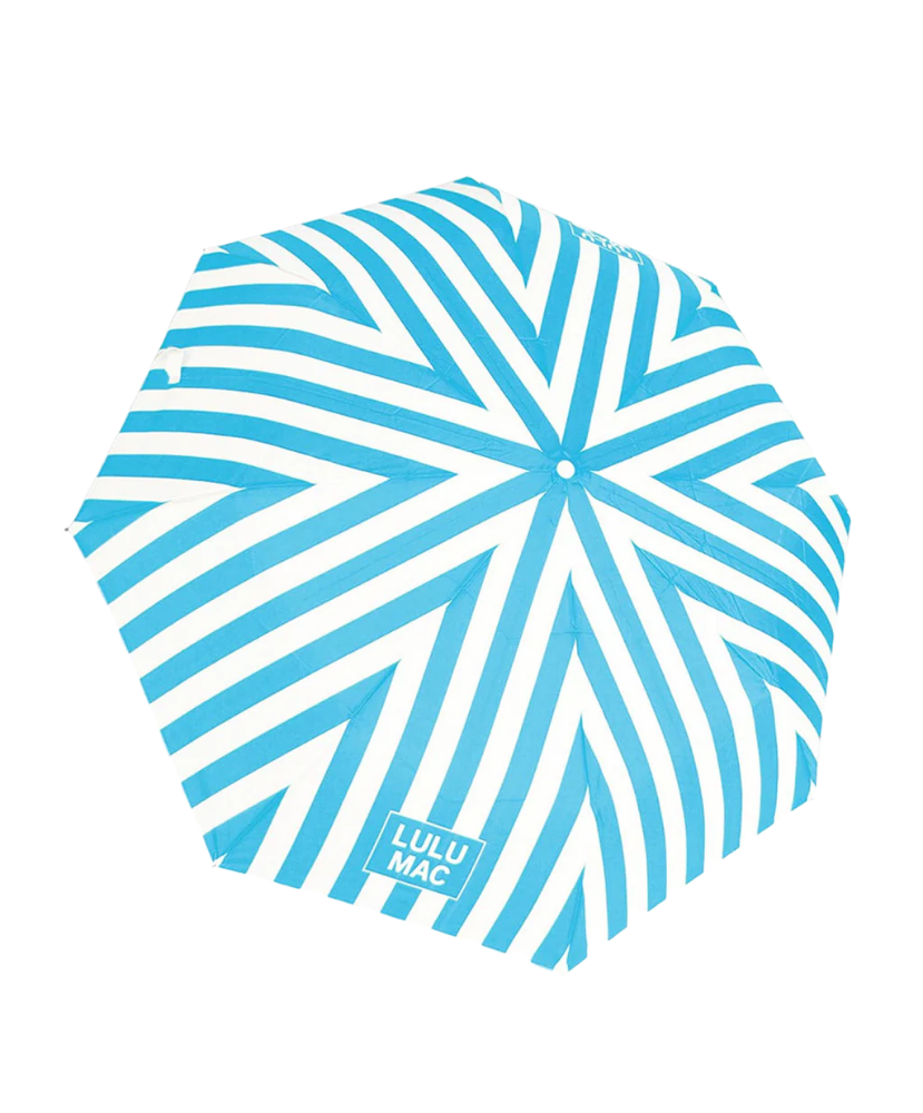 Blue and white striped pouch with 'Lulu Mac' branding on a white background