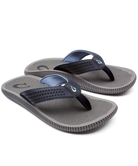 Pair of gray and navy sandals on a white background