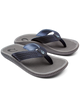 Pair of gray and navy sandals on a white background