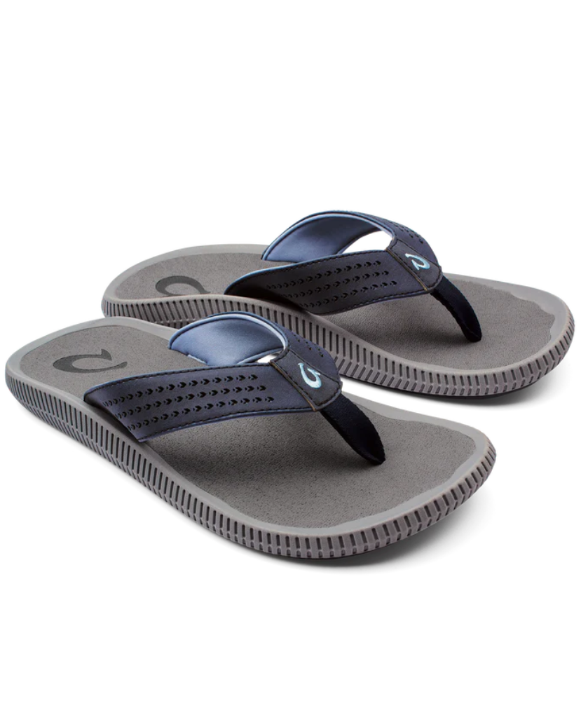 Pair of gray and navy sandals on a white background