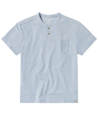 Light blue henley shirt with a pocket on a white background