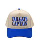 Beige and blue cap with 'TAILGATE CAPTAIN' text on a white background