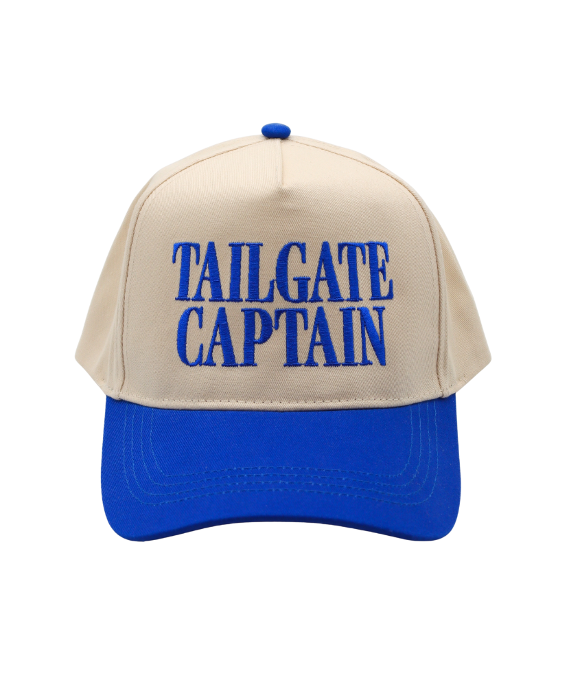 Beige and blue cap with 'TAILGATE CAPTAIN' text on a white background