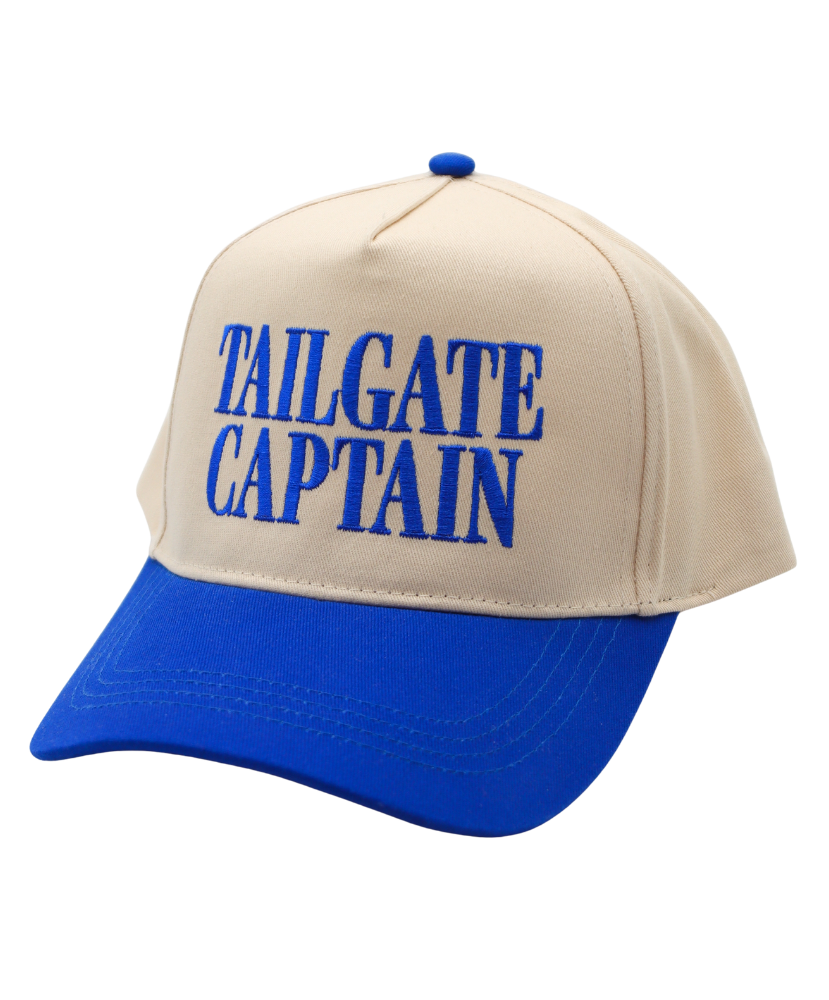 Beige and blue cap with 'TAILGATE CAPTAIN' text on a white background