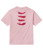 Pink SSCO t-shirt with chili pepper design on a white background