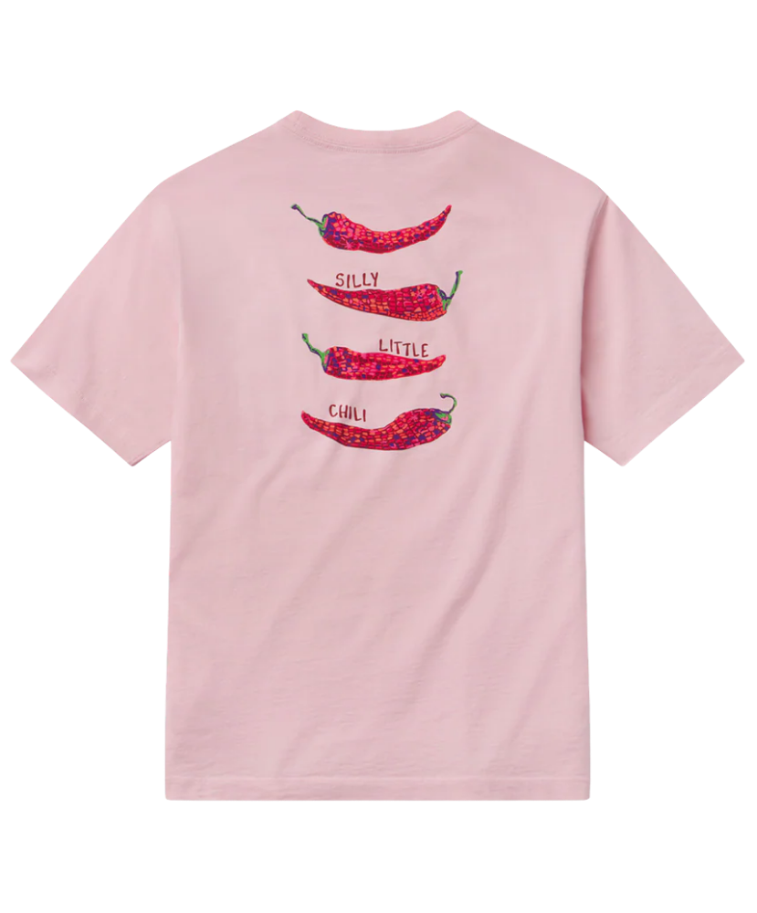 Pink SSCO t-shirt with chili pepper design on a white background
