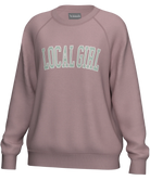 Pink sweatshirt with 'LOCAL GIRL' text on a white background
