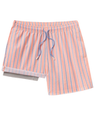 Pink and blue striped shorts with a drawstring on a white background