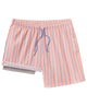 Pink and blue striped shorts with a drawstring on a white background