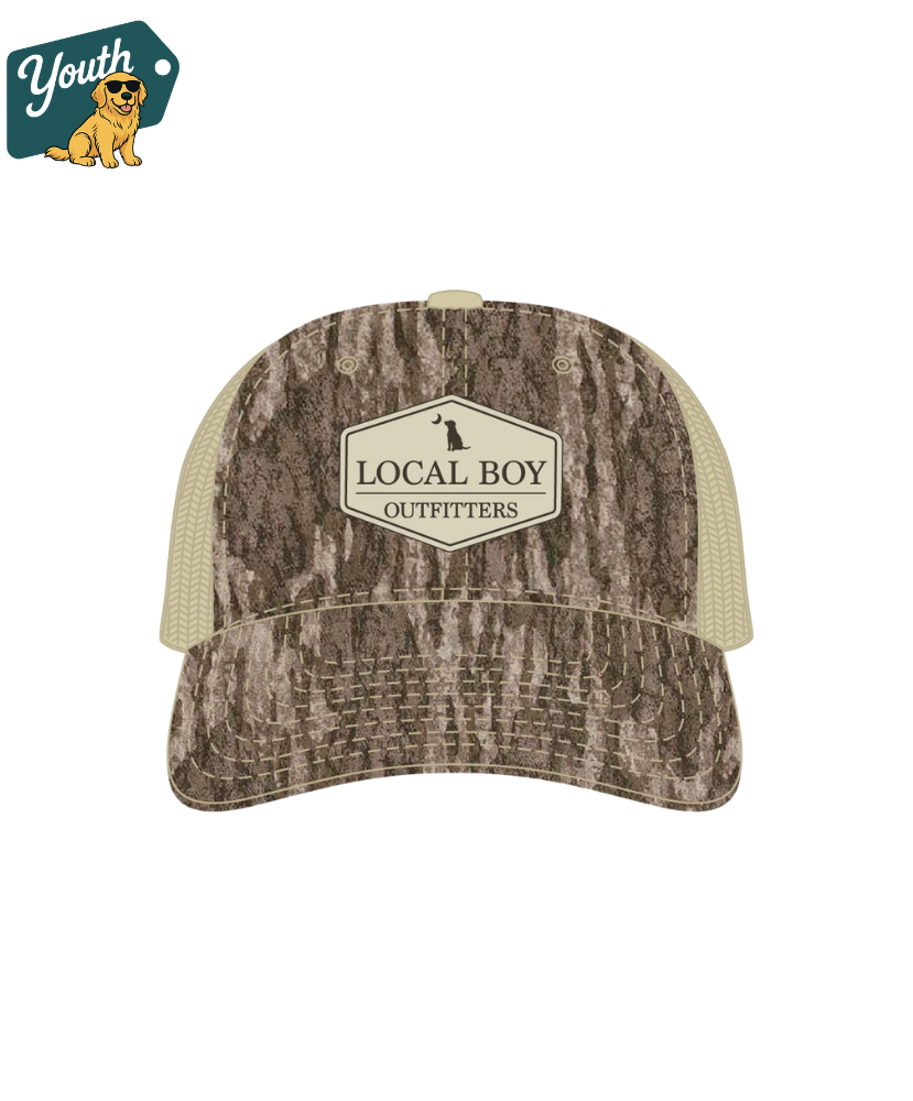 Camouflage trucker hat with 'Local Boy Outfitters' logo on a white background