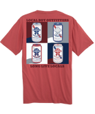 Red t-shirt with graphic design of beer cans and text on a white background