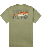 Green t-shirt with 'Southern Marsh' and redfish graphic on a white background