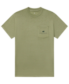 Green t-shirt with a small logo on the chest pocket against a white background