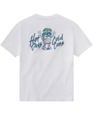 White t-shirt with a graphic design on the back featuring text and a character.